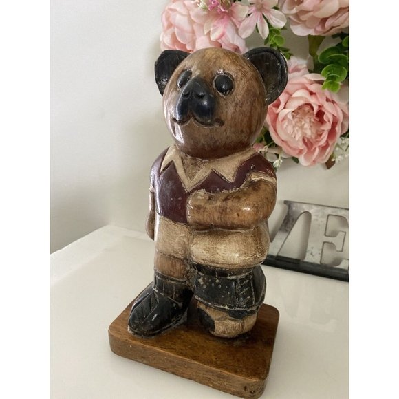 Vintage Wooden Bear Statue Large 10" Soccer Teddy Bear Kids Room Decor Figurine - Picture 12 of 16